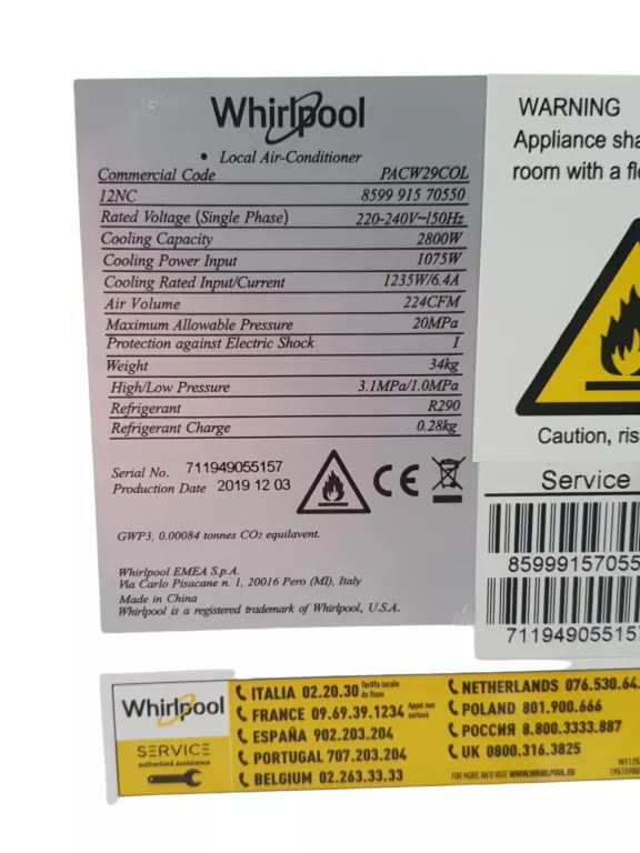 KLIMATYZATOR WHIRLPOOL PACW29COL 2800 W