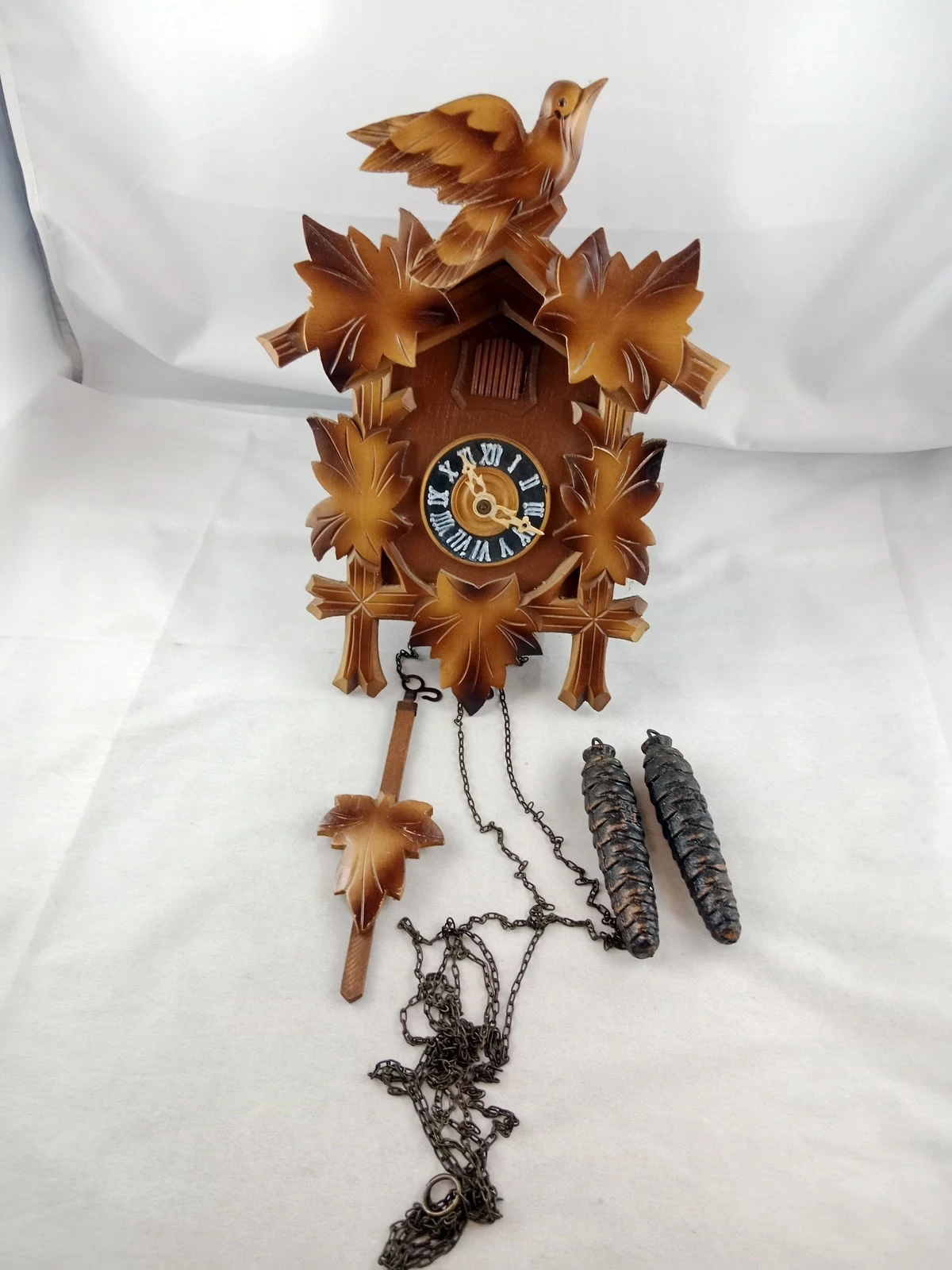 zegar-mechaniczny-z-kukulka-retro-scienny-ciezarki-wahadla-stan-uzywany