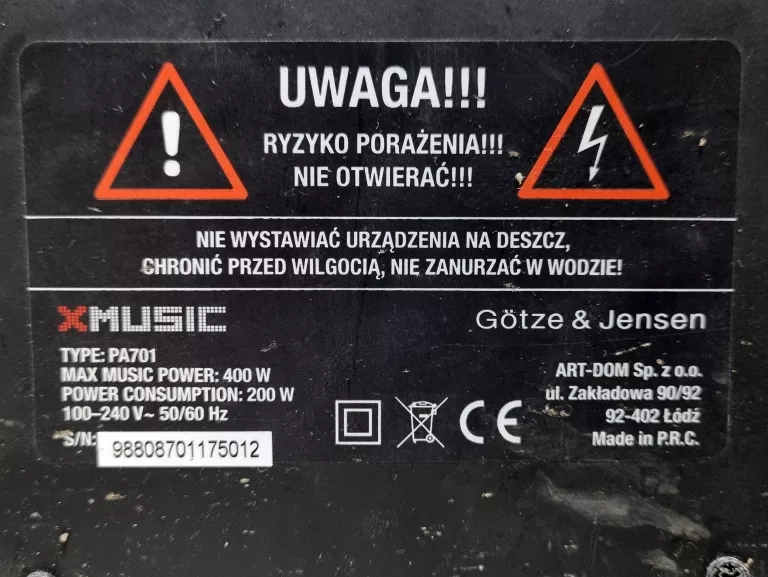 GŁOŚNIK PRZENOŚNY GOTZE & JENSEN X-MUSIC PA701 400W DJ KARAOKE AUX USB LED