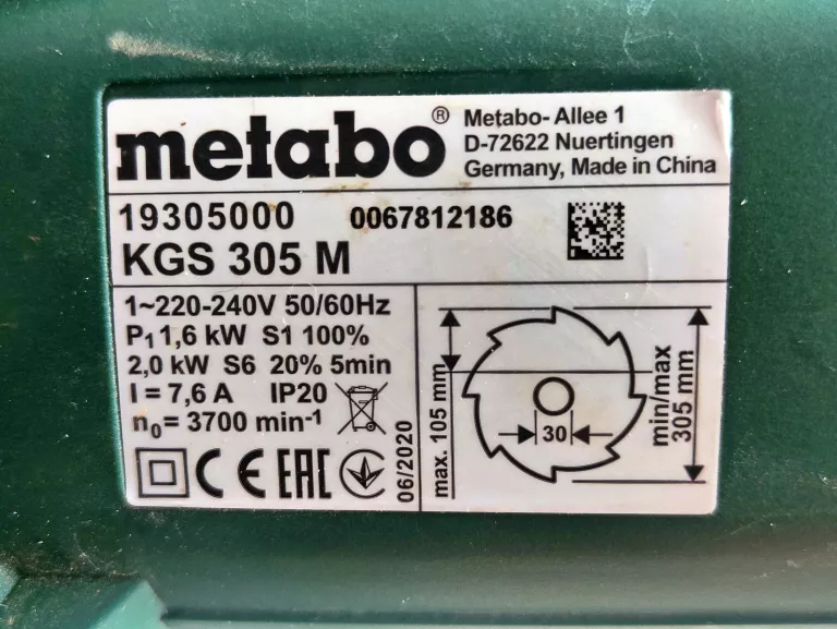 PIŁA UKOŚNA UKOŚNICA METABO KGS 305 M KAPÓWKA 1600W