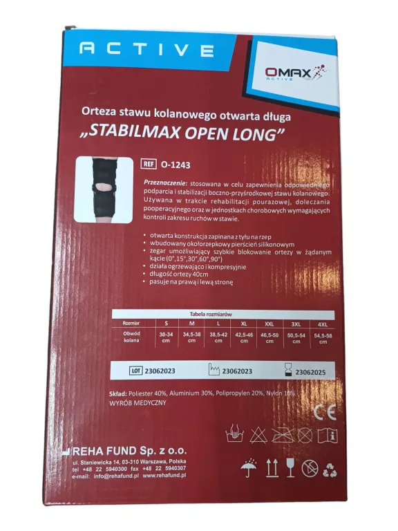 ORTEZA STAWU KOLANOWEGO OTWARTA STABILIZATOR KOLANA Z ZEGAREM ROZM.M O-124