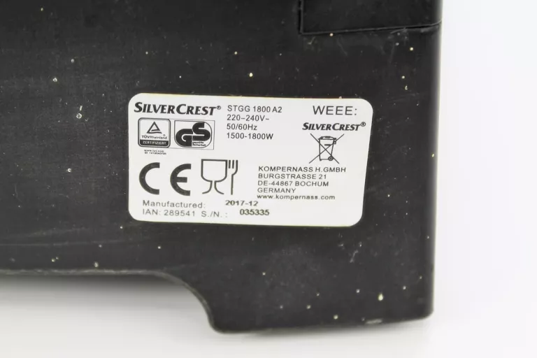 GRILL ELEKTRYCZNY Z POKRYWĄ SILVERCREST STGG 1800 A2 1800 WAT