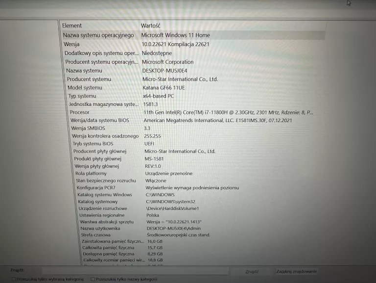 MSI KATANA GF66 11UE I7-11800H/16GB/512GB/RTX3060 BATERIA DO WYMIANY