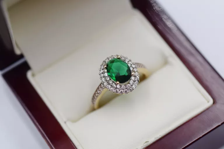 ZŁOTY PIERŚCIONEK Z ZIELONĄ CYRKONIĄ PR.585 14K R.18 3,25G