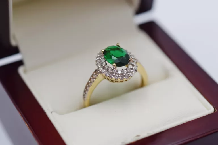 ZŁOTY PIERŚCIONEK Z ZIELONĄ CYRKONIĄ PR.585 14K R.18 3,25G