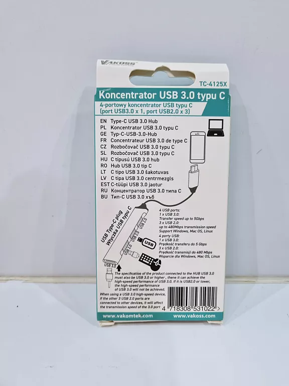 VAKOSS HUB TYPE-C USB 3.0 4-PORTOWY TC-4125X