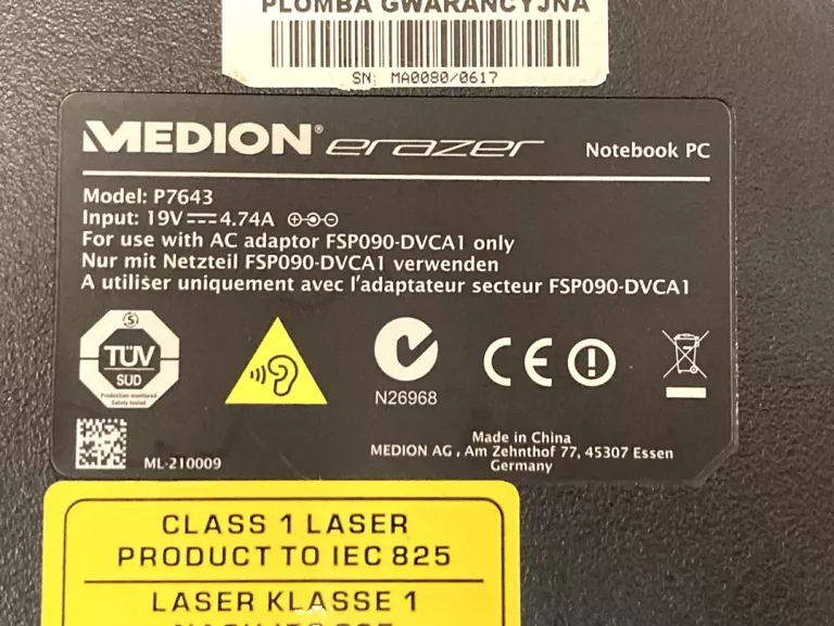 LAPTOP MEDION ERAZER P7634 I5-6200U 8GB 256SSD GTX950 W10