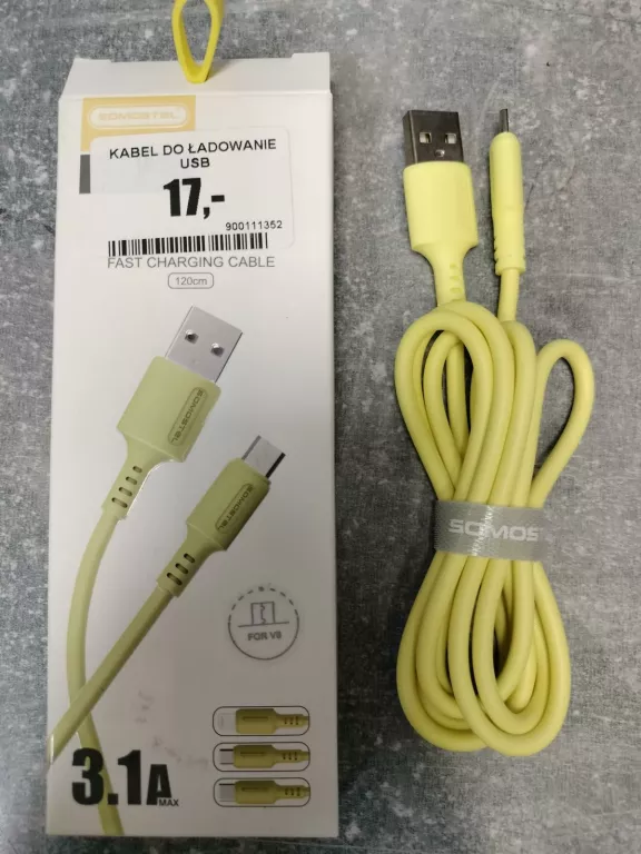 KABEL DO ŁADOWANIE USB MICRO 3A SOMOSTEL ŻÓŁTY 3100MAH QUICK CHARGER 1.2M