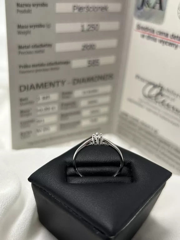 ZŁOTY PIERŚCIONEK BIAŁE ZŁOTO 585 1,25G Z BRYLANTEM  0,09CT ROZM 10