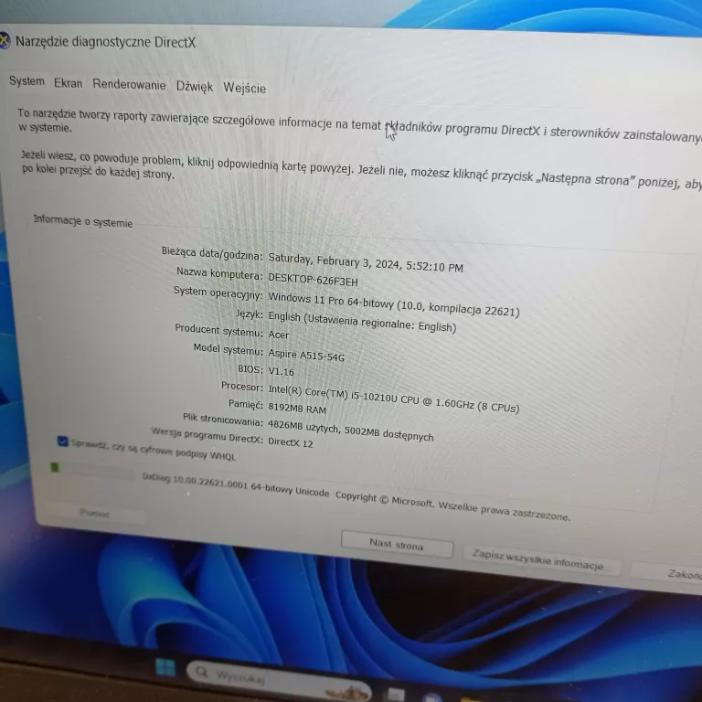 LAPTOP ACER ASPIRE A515-54 UKRAIŃSKI !!!