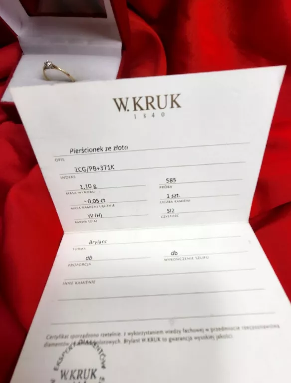 ZŁOTY PIERŚCIONEK Z BRYLANTEM W.KRUK ROZMIAR 10