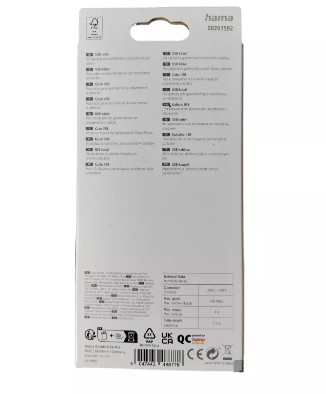 KABEL HAMA USB-C - USB-C 1,5 M (BIAŁY)