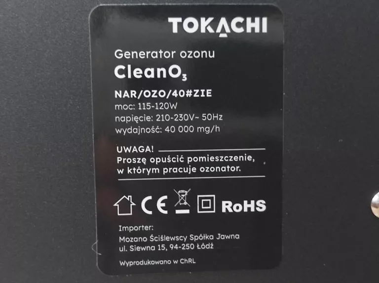 GENERATOR OZONU TOKACHI CLEANO OZONATOR NAR/OZO/40