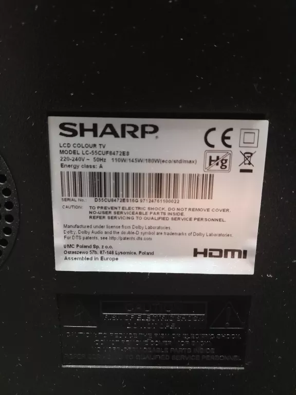 TELEWIZOR SHARP LC-55CUF8472ES + PILOT