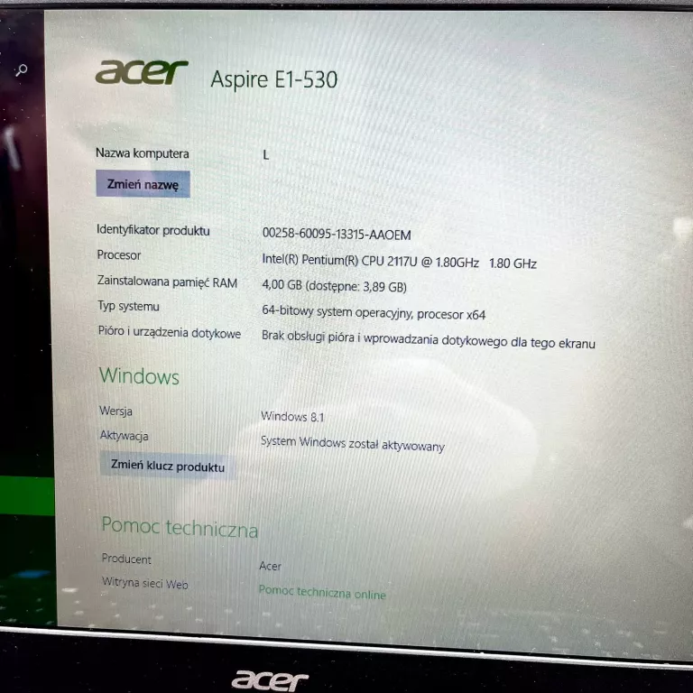 LAPTOP ACER ASPIRE E1-530 / ŁADOWARKA