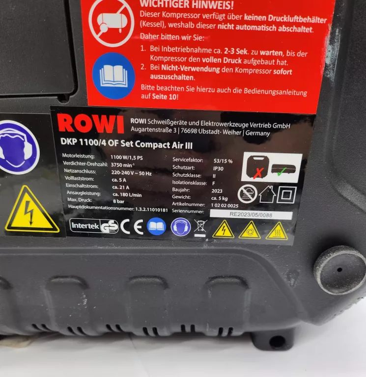 KOMPRESOR BEZOLEJOWY ROWI DKP 1100/4 OF SET COMPACT AIR WALIZKA