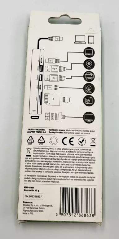 ADAPTER PRZEJŚCIÓWKA USB-C TRACER A-2 HUB USB 3.0 HDMI 4K SD 60W