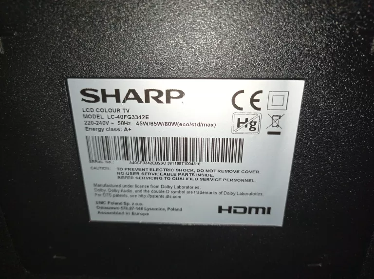 TELEWIZOR SHARP AQUOS LC-40FG3342E