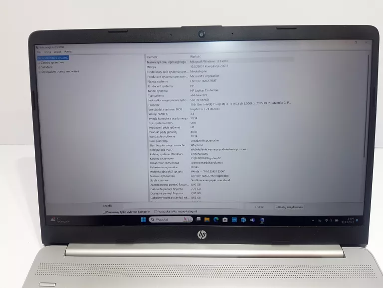 LAPTOP HP 15-DW3123NW 15.6" IPS I3-1115G4 8GB RAM 256GB SSD WINDOWS 11