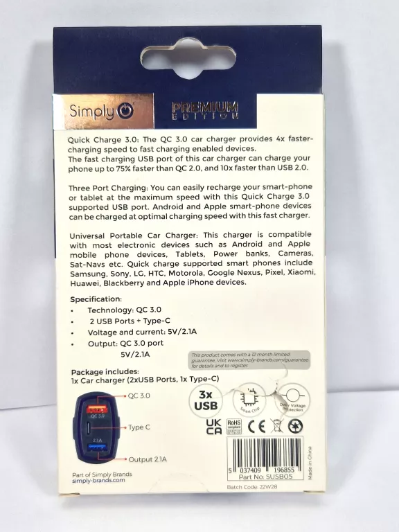 ŁADOWARKA SAMOCHODOWA SIMPLY SUPER CHARGE QC 3.0 USB C