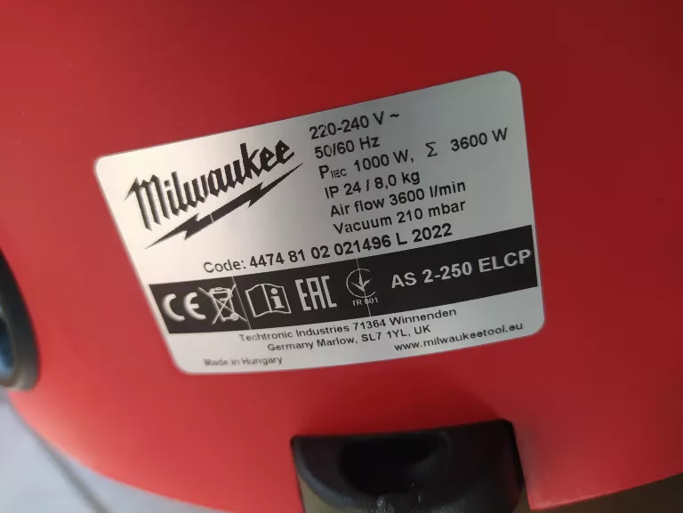ODKURZACZ PRZEMYSŁOWY MILWAUKEE AS 2-250 ELCP KOMPLET + FV
