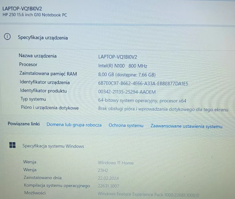 LAPTOP HP 250 G10 WIN HOME 11 \ RAM 8GB