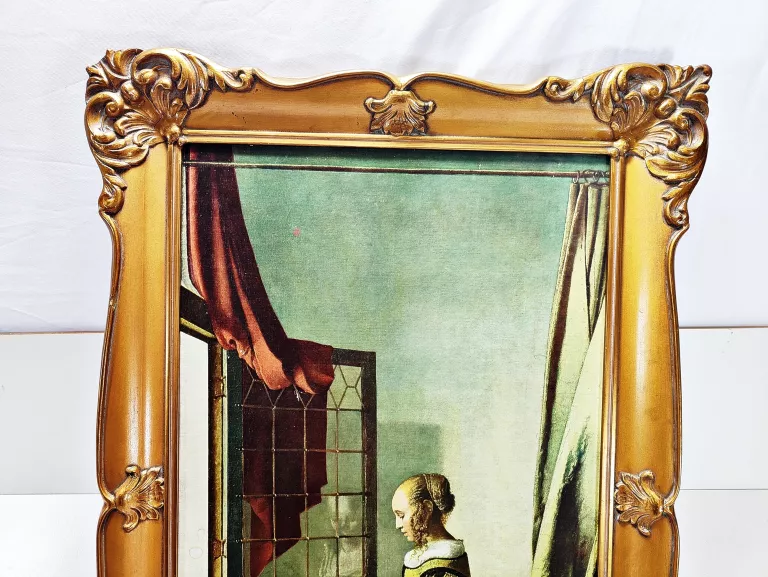 PRZEPIĘKNY OBRAZ NIEMIECKA DAMA POPĘKANA DREWNIANA RAMA 42 X 60 CM
