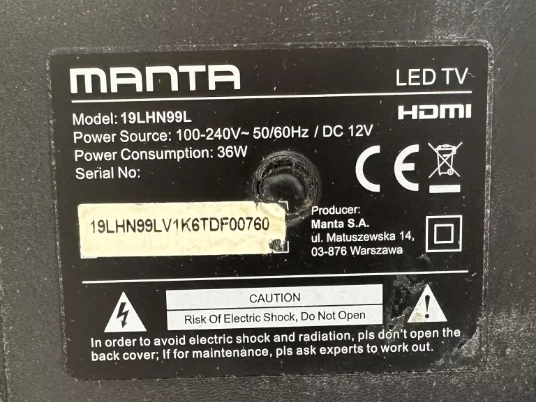 TELEWIZOR MANTA 19LHN99L 19" HD PILOT (BEZ NOGI, USZKODZONE WEJŚCIE)