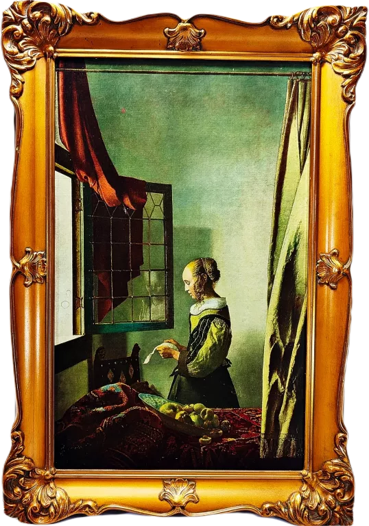 PRZEPIĘKNY OBRAZ NIEMIECKA DAMA POPĘKANA DREWNIANA RAMA 42 X 60 CM