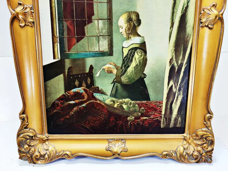PRZEPIĘKNY OBRAZ NIEMIECKA DAMA POPĘKANA DREWNIANA RAMA 42 X 60 CM