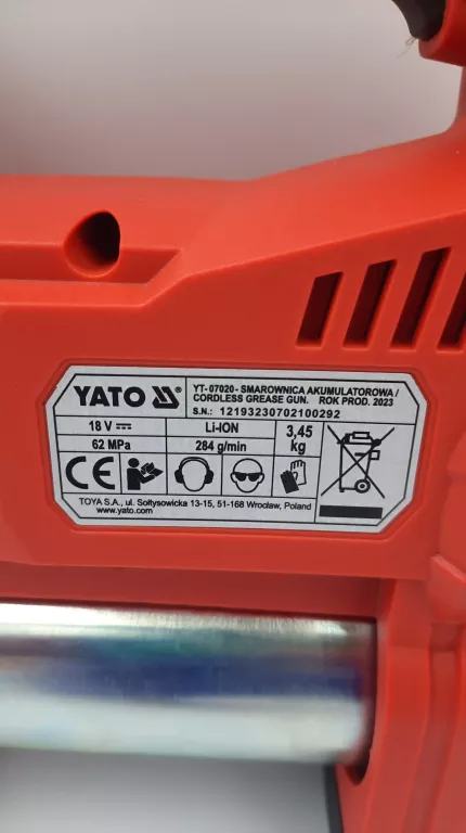 YATO YT-07020 SMAROWNICA AKUMULATOROWA / 18V / 62MPA / 284 G/MIN / *OKAZJA