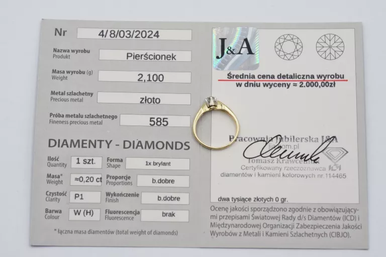 ZŁOTY PIERŚCIONEK Z BRYLANTEM PR.585 14K R.13 2,12G