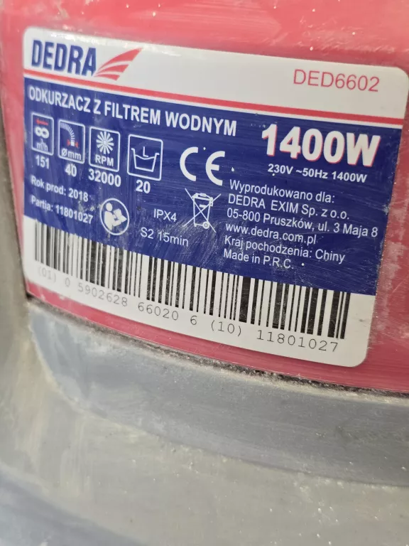 ODKURZACZ WARSZTATOWY Z FILTREM WODNYM DEDRA DED6602