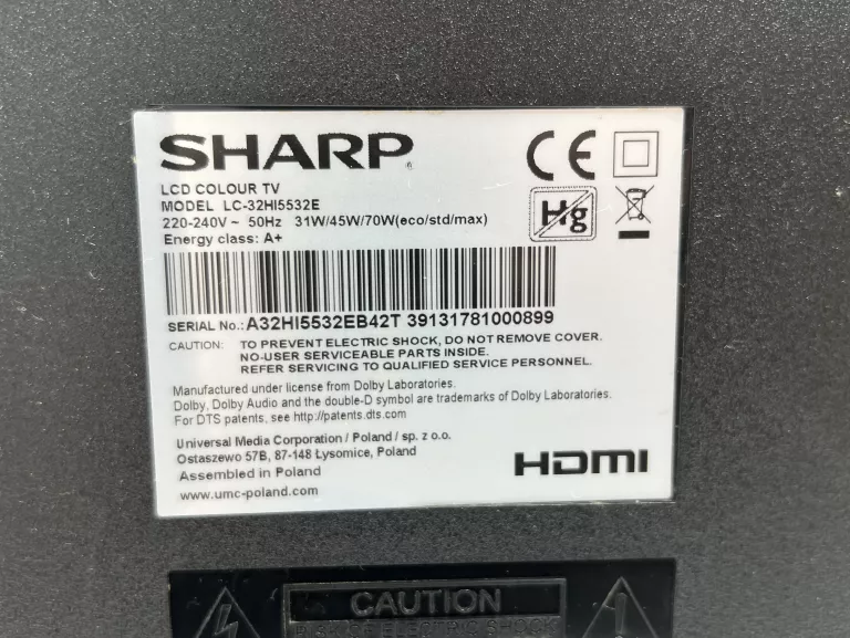 TELEWIZOR SHARP AQUOS LC32HI5532E 32" LED HD READY WIFI DVB-T2