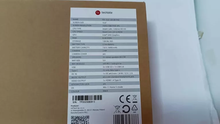 LAPTOP TECHBITE PIX 15,6 128GB FHD KOMPLET