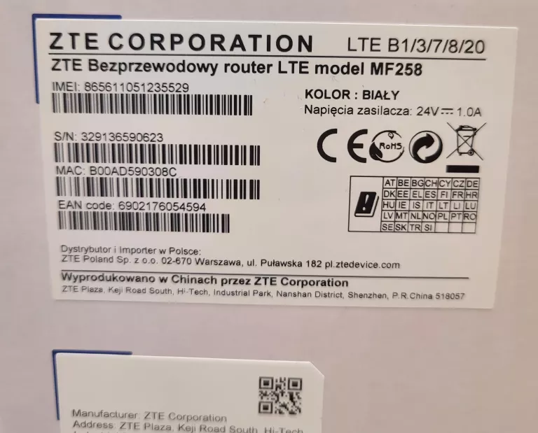 BEZPRZEWODOWY ROUTER ZTE LTE MODEL: MF-258 - BLOKADA OPERATORA