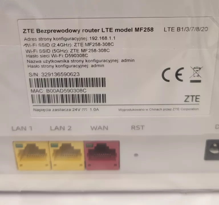 BEZPRZEWODOWY ROUTER ZTE LTE MODEL: MF-258 - BLOKADA OPERATORA