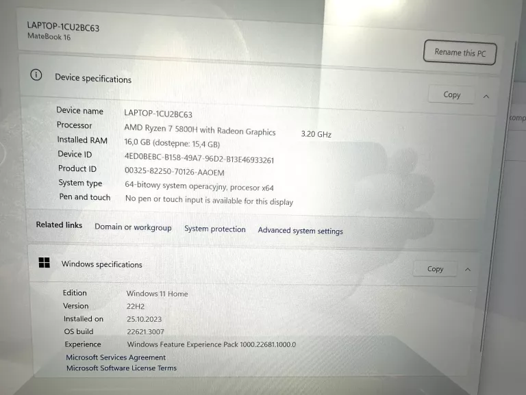 LAPTOP HUAWEI MATEBOOK 16 R7-5800H 16/512GB
