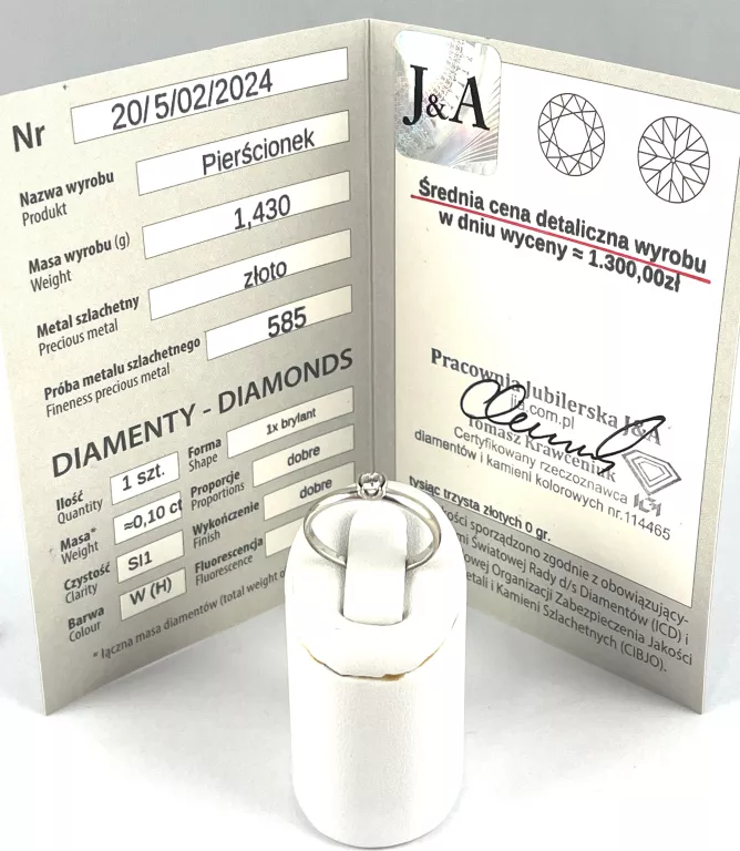 ZŁOTY PIERŚCIONEK 585 1,43G 1SZT BRYLANT 0,10CT R12