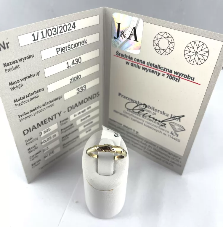 ZŁOTY PIERŚCIONEK 1,43G 333 DIAMENTY CERTYFIKAT R17