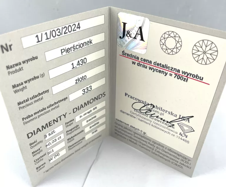 ZŁOTY PIERŚCIONEK 1,43G 333 DIAMENTY CERTYFIKAT R17