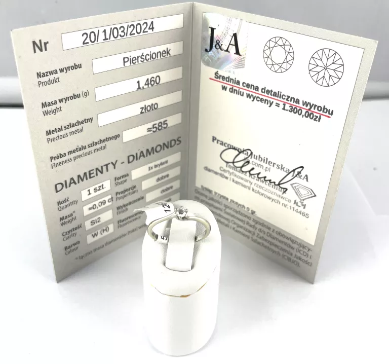 ZŁOTY PIERŚCIONEK 585 1,46G BRYLANT BIAŁE ZŁOTO R13