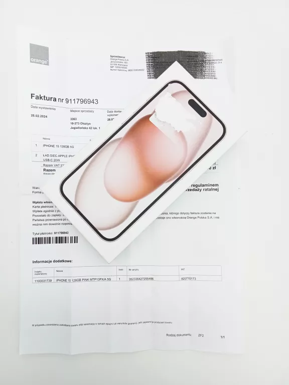 TELEFON APPLE IPHONE 15 128GB RÓŻOWY