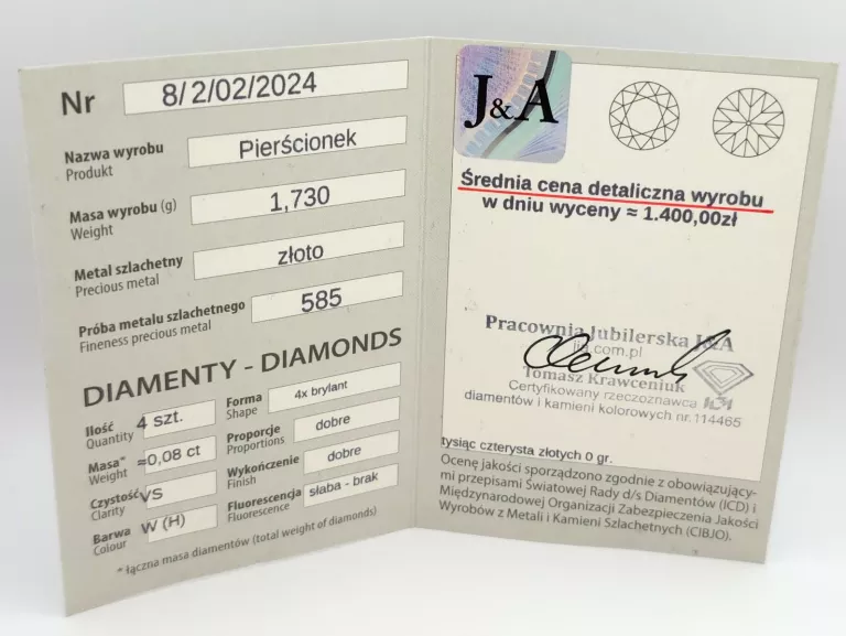 ZŁOTY PIERŚCIONEK Z DIAMENTAMI APART - 585 R.11 1,73G