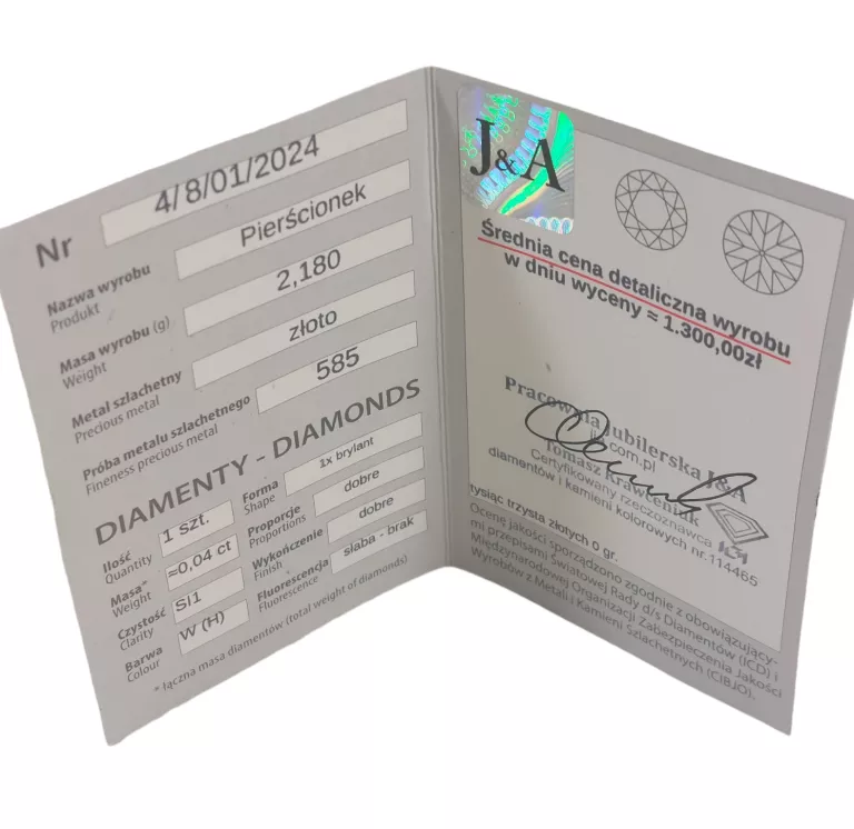 PIERŚCIONEK Z BRYLANTEM 0,04CT PR585 2,18G R15