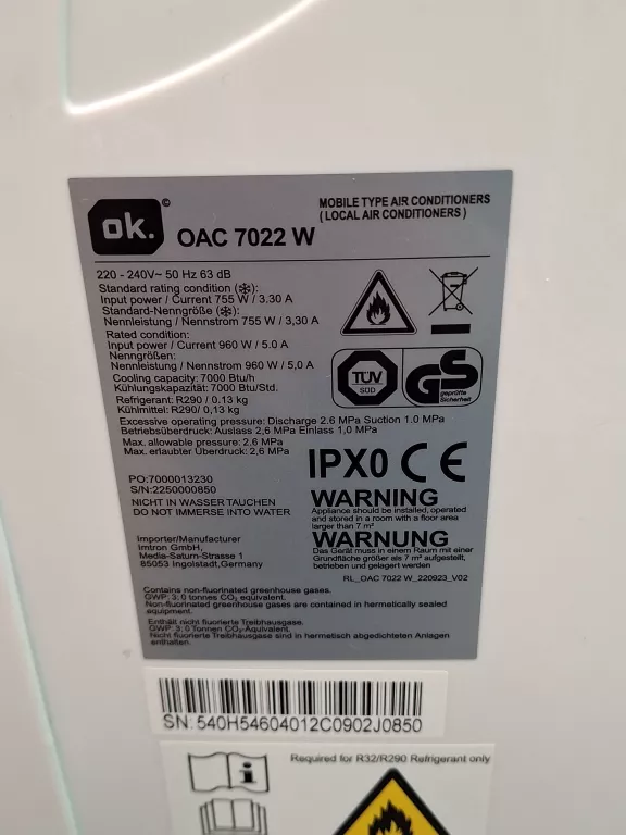 KLIMATYZATOR PRZENOSNY OK OAC 7022W GWARANCJA