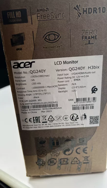 MONITOR MONITOR ACER NITRO QG 240Y PUD GW
