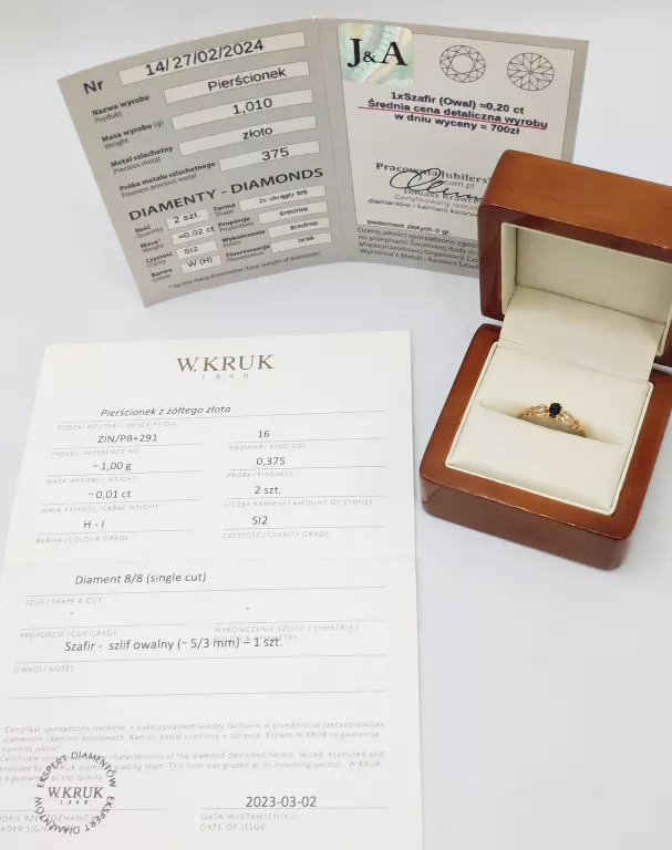 PIĘKNY PIERŚCIONEK W. KRUK Z SZAFIREM I DIAMENTAMI PR.375 W: 1,01G ROZM.16