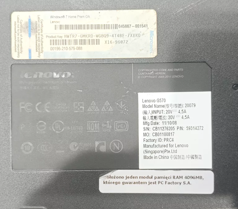 LAPTOP LENOVO G570 Z ZASILACZEM