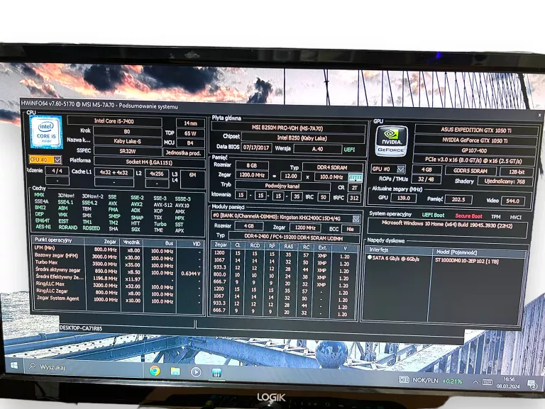 KOMPUTER STACJONARNY I5-7400/1TB/8GB/GTX1050TI/W10